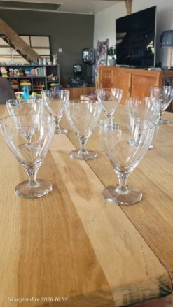 8 verres à pied anciens en verre gravé