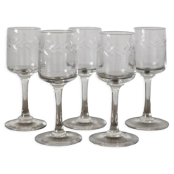 5 verres à pied à digestif en cristal gravé frise feuilles de lauriers