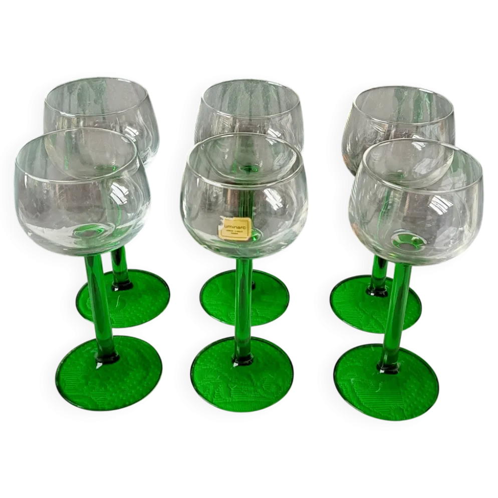 6 VERRES pied vert émeraude Luminarc, verre vin du rhin, vin blanc