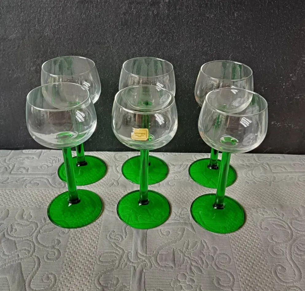 6 VERRES pied vert émeraude Luminarc, verre vin du rhin, vin blanc