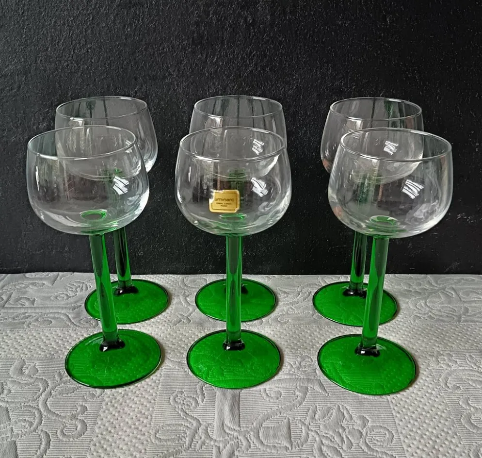 6 VERRES pied vert émeraude Luminarc, verre vin du rhin, vin blanc