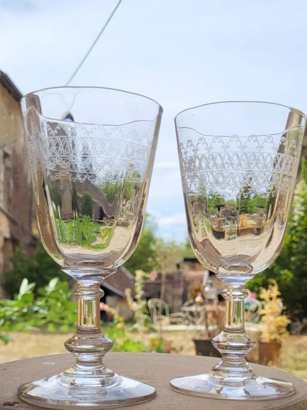 6 verres à vin / eau en verre gravé début XXème
