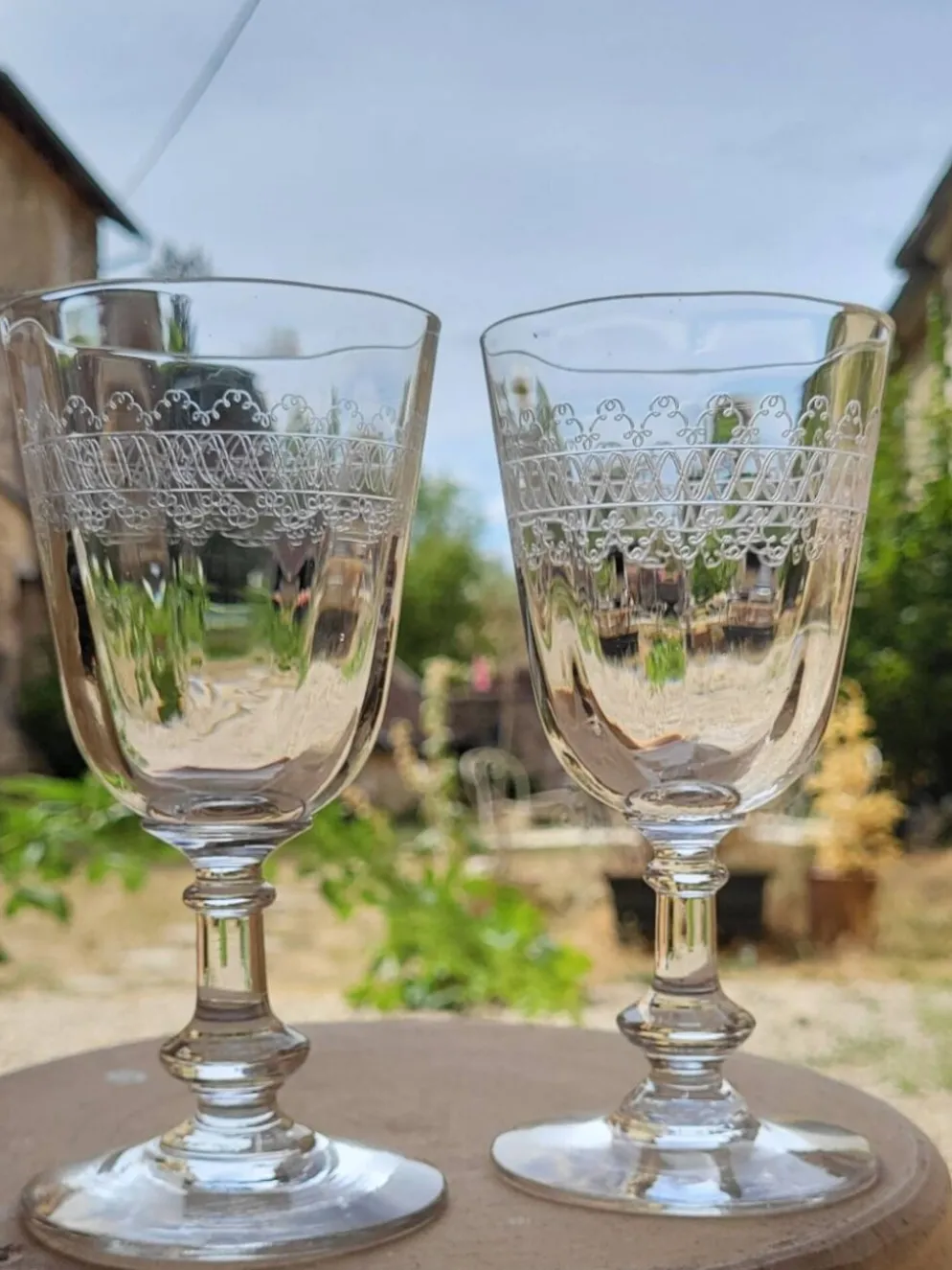 6 verres à vin / eau en verre gravé début XXème