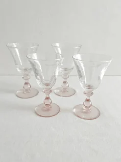 4 verres à vin pied rose en verre bullé vintage