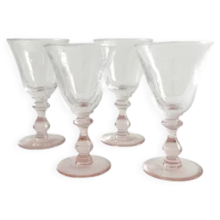 4 verres à vin pied rose en verre bullé vintage