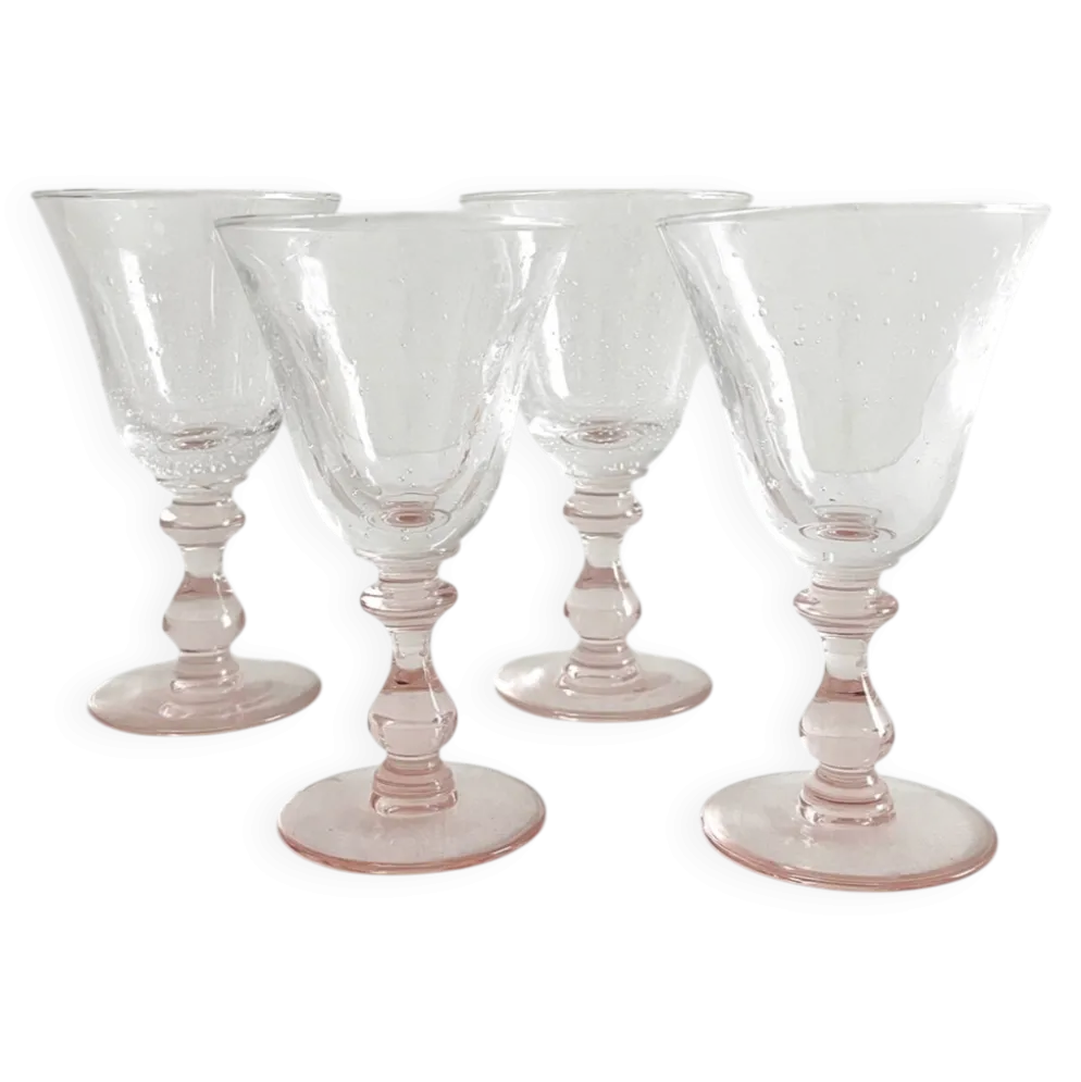 4 verres à vin pied rose en verre bullé vintage