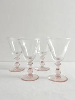 4 verres à vin pied rose en verre bullé vintage
