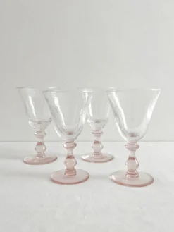4 verres à vin pied rose en verre bullé vintage