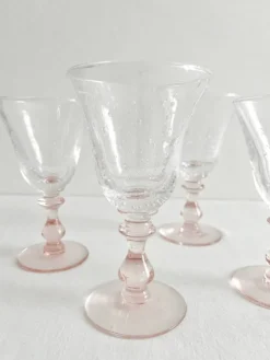 4 verres à vin pied rose en verre bullé vintage