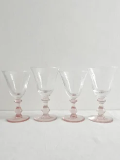 4 verres à vin pied rose en verre bullé vintage