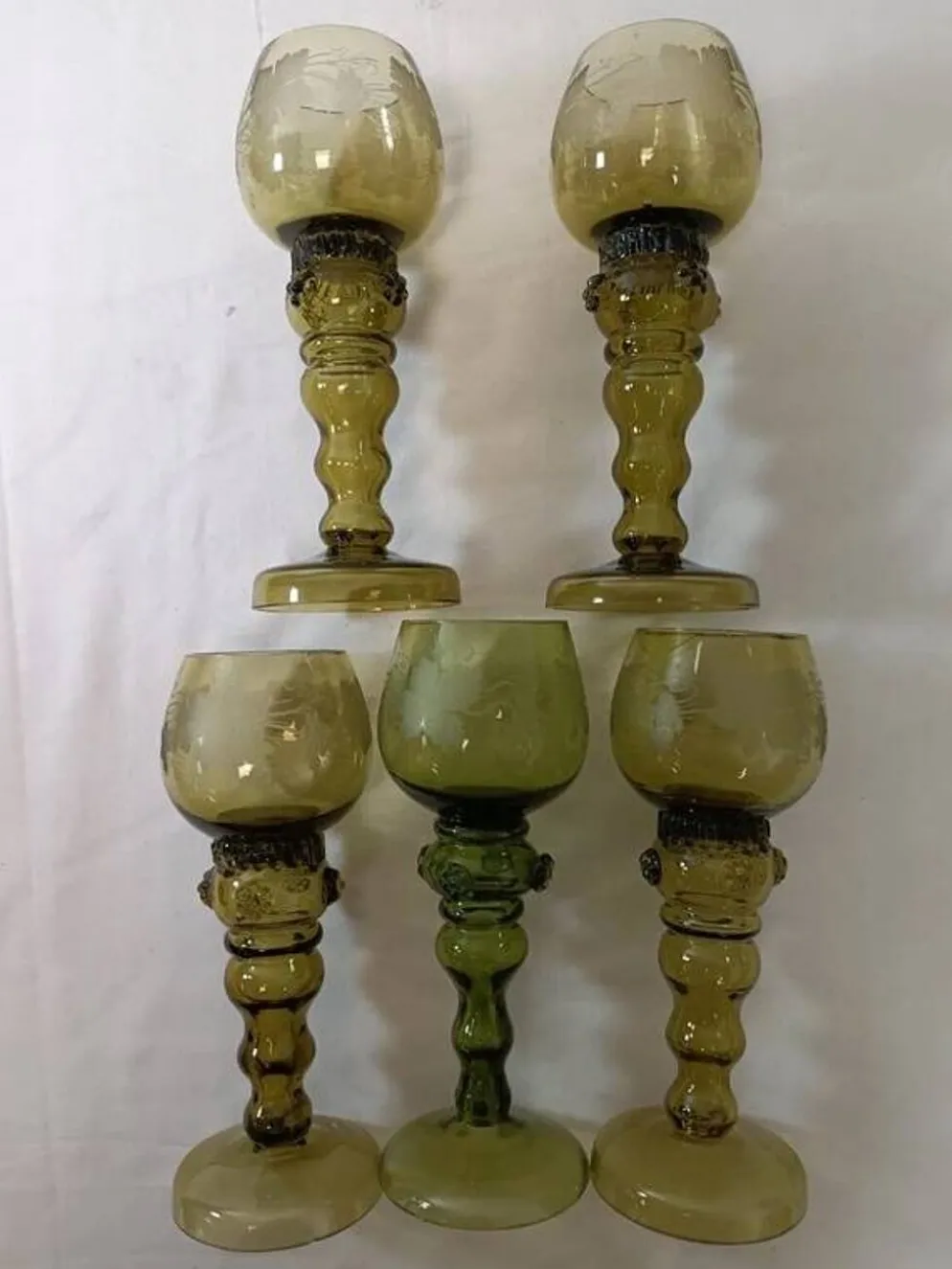 5 verres à Vin Roemer en Cristallin Vert XIX ème vintage en cristallin