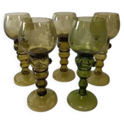 5 verres à Vin Roemer en Cristallin Vert XIX ème vintage en cristallin