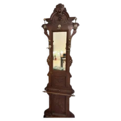 Vestiaire ancien en chêne sculpté, miroir et porte-parapluie — fin XIX