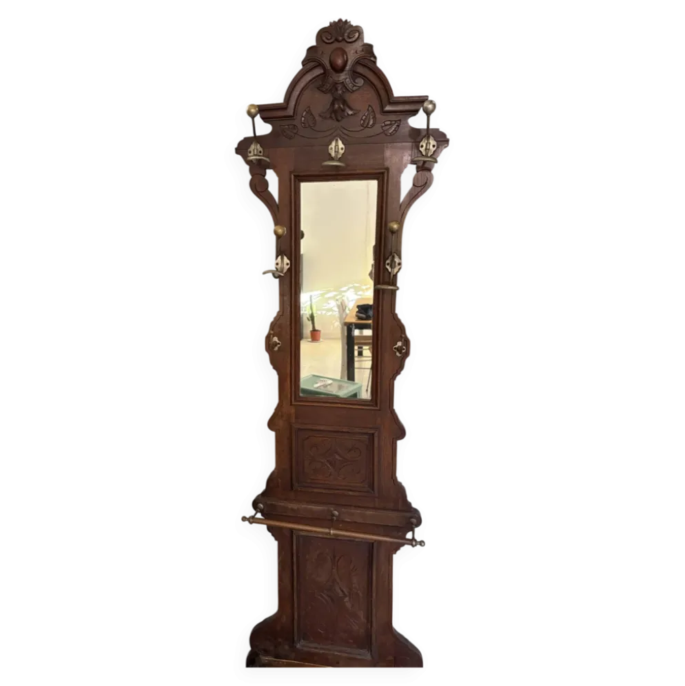 Vestiaire ancien en chêne sculpté, miroir et porte-parapluie — fin XIX