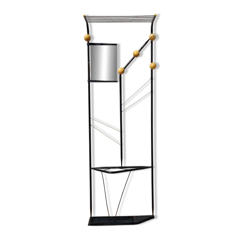 Vestiaire d’entrée postmoderne années 1980 en métal noir et bakélite 180 cm