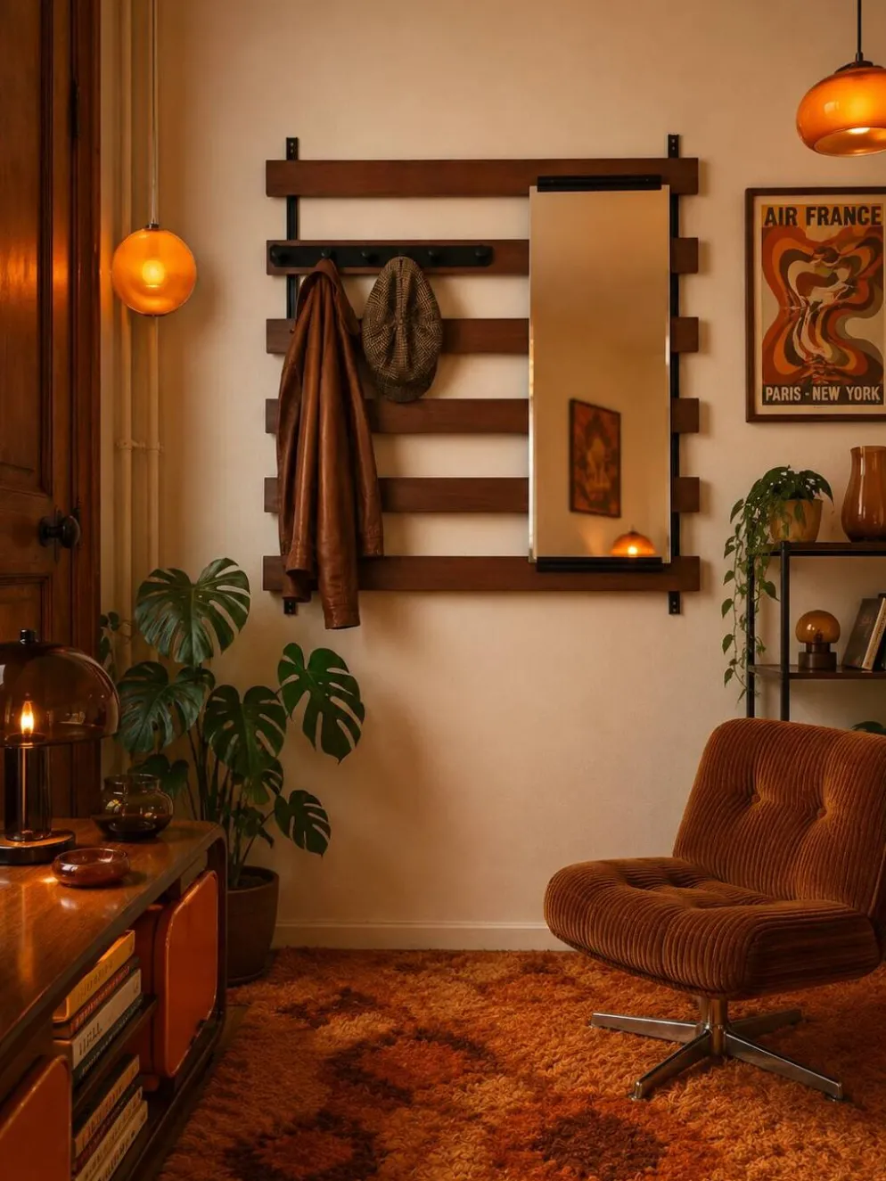 Vestiaire mural en teck vintage à 5 patères et miroir.