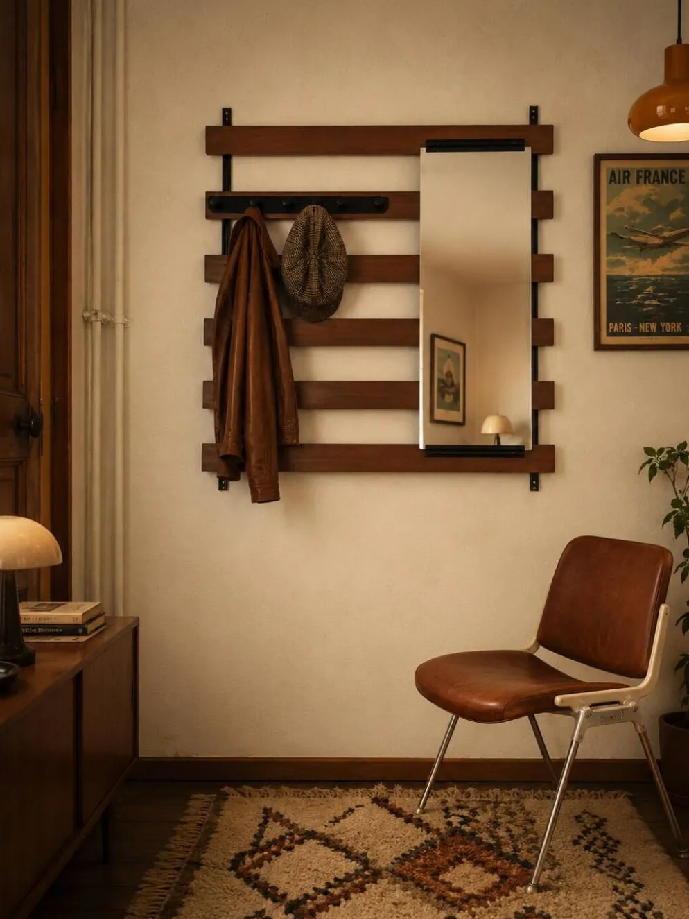 Vestiaire mural en teck vintage à 5 patères et miroir.