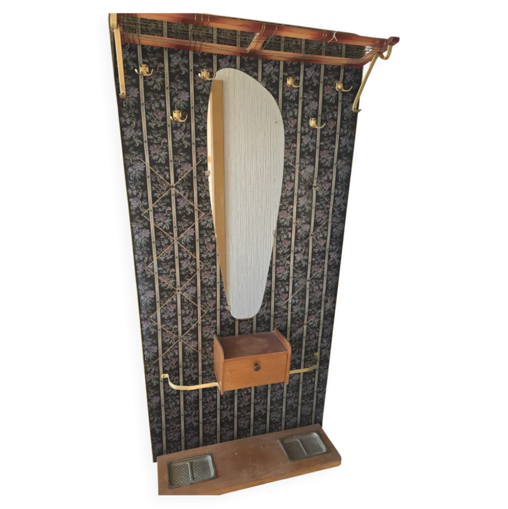 Vestiaire mural vintage 60/70 avec miroir, patères et tiroir