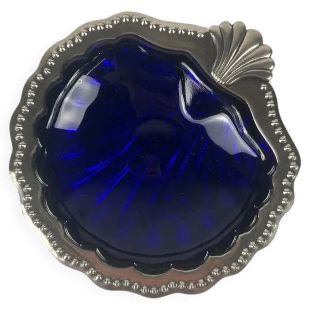 Vide poche / beurrier ouvert coquillage en métal couleur argenté et insert verre bleu, 1970
