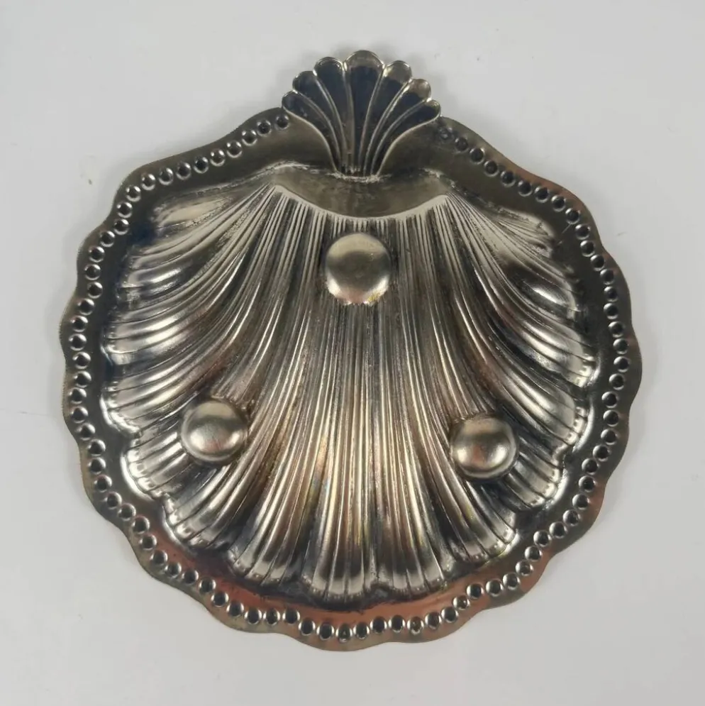 Vide poche / beurrier ouvert coquillage en métal couleur argenté et insert verre bleu, 1970