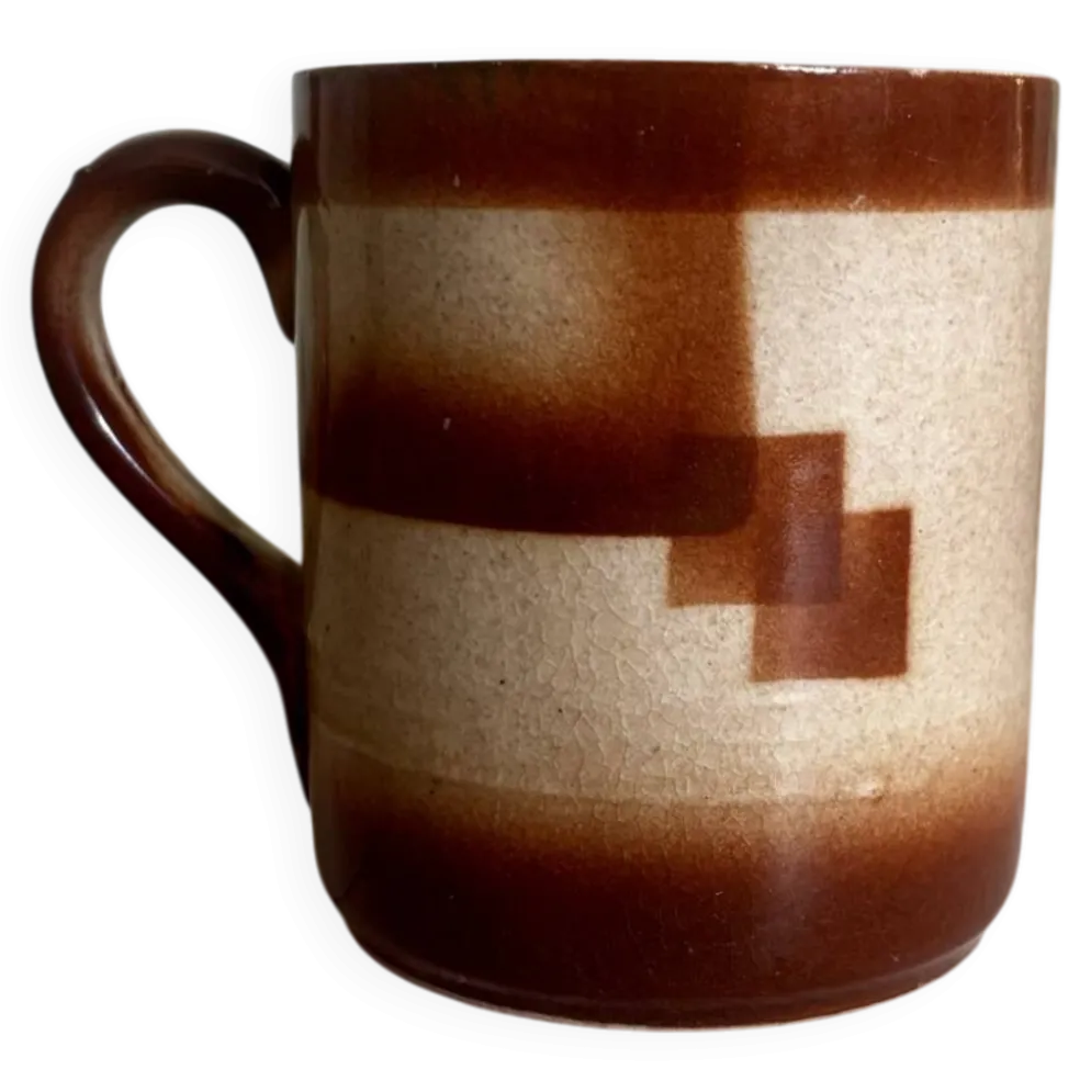 Vintage années 70 ancien mug en faïence motif graphique cubique marron