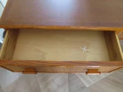 Vintage-Bureau cannage rotin bois-grand plateau-5 tiroirs-Années 60/70
