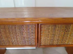 Vintage-Bureau cannage rotin bois-grand plateau-5 tiroirs-Années 60/70