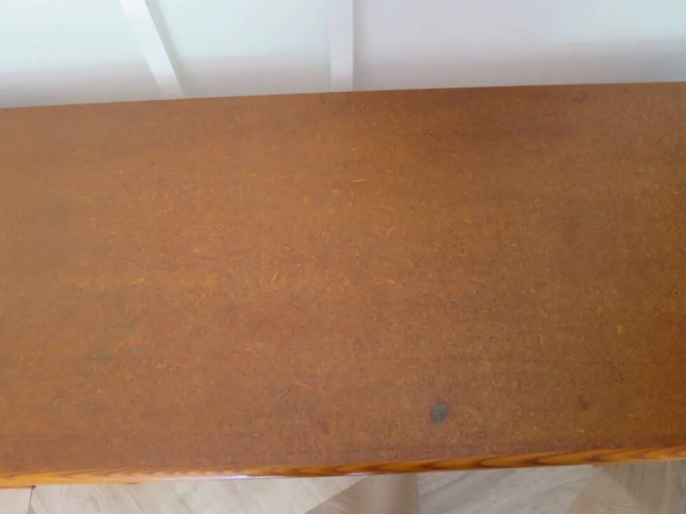 Vintage-Bureau cannage rotin bois-grand plateau-5 tiroirs-Années 60/70