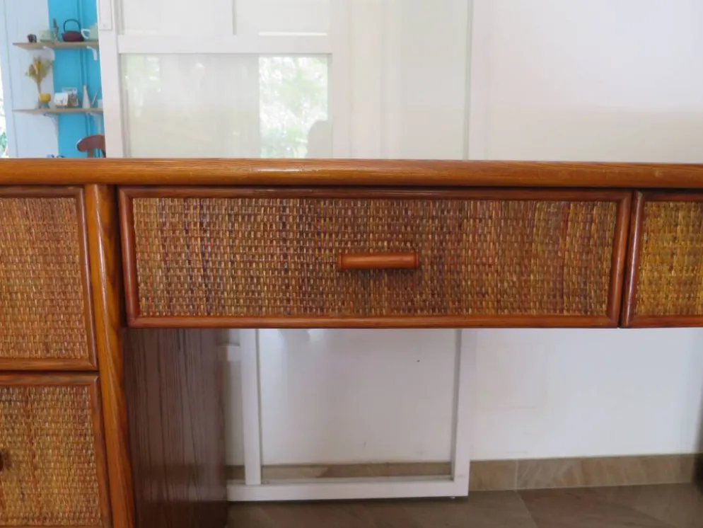 Vintage-Bureau cannage rotin bois-grand plateau-5 tiroirs-Années 60/70