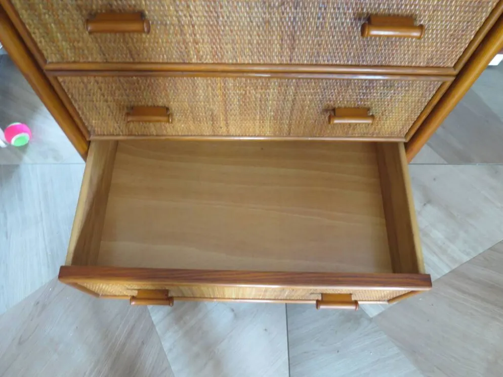 Vintage-Bureau cannage rotin bois-grand plateau-5 tiroirs-Années 60/70
