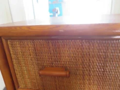 Vintage-Bureau cannage rotin bois-grand plateau-5 tiroirs-Années 60/70
