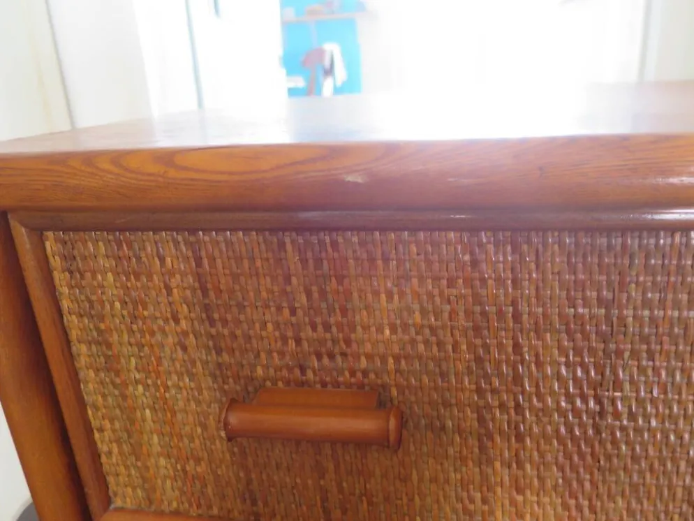 Vintage-Bureau cannage rotin bois-grand plateau-5 tiroirs-Années 60/70