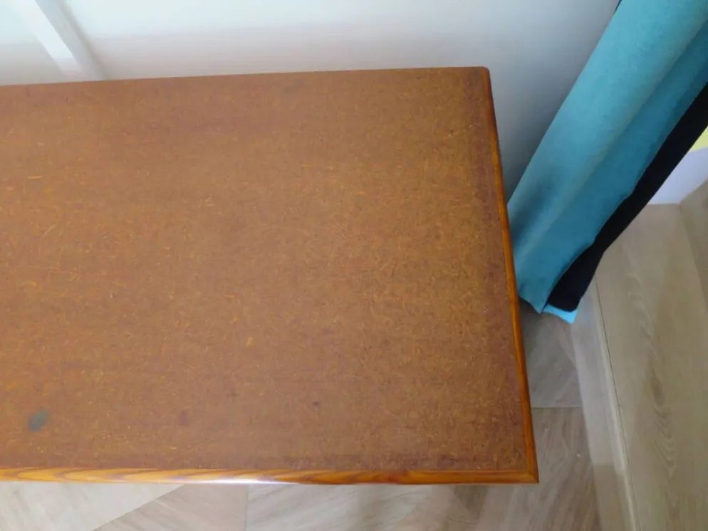 Vintage-Bureau cannage rotin bois-grand plateau-5 tiroirs-Années 60/70