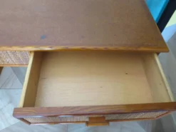 Vintage-Bureau cannage rotin bois-grand plateau-5 tiroirs-Années 60/70
