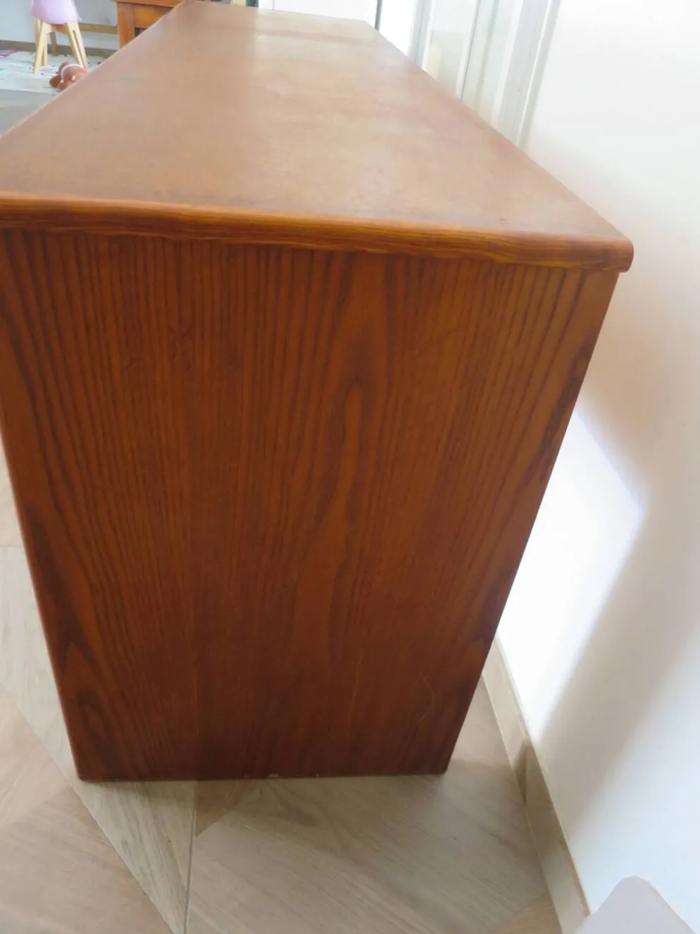 Vintage-Bureau cannage rotin bois-grand plateau-5 tiroirs-Années 60/70