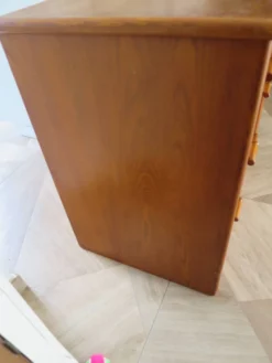 Vintage-Bureau cannage rotin bois-grand plateau-5 tiroirs-Années 60/70