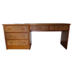 Vintage-Bureau cannage rotin bois-grand plateau-5 tiroirs-Années 60/70
