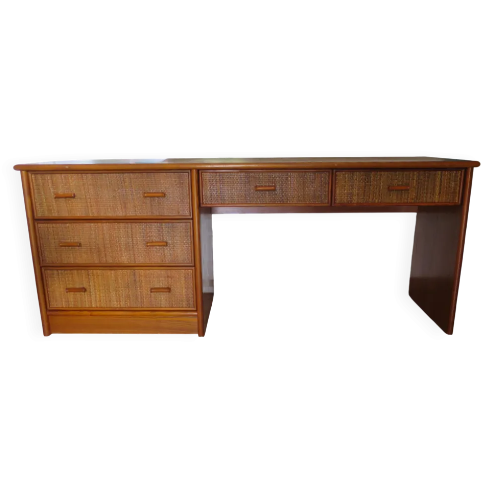 Vintage-Bureau cannage rotin bois-grand plateau-5 tiroirs-Années 60/70