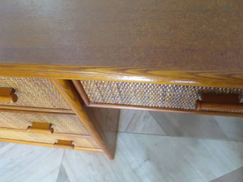Vintage-Bureau cannage rotin bois-grand plateau-5 tiroirs-Années 60/70
