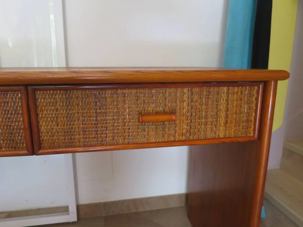 Vintage-Bureau cannage rotin bois-grand plateau-5 tiroirs-Années 60/70