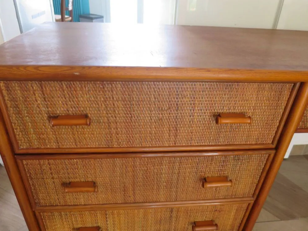 Vintage-Bureau cannage rotin bois-grand plateau-5 tiroirs-Années 60/70