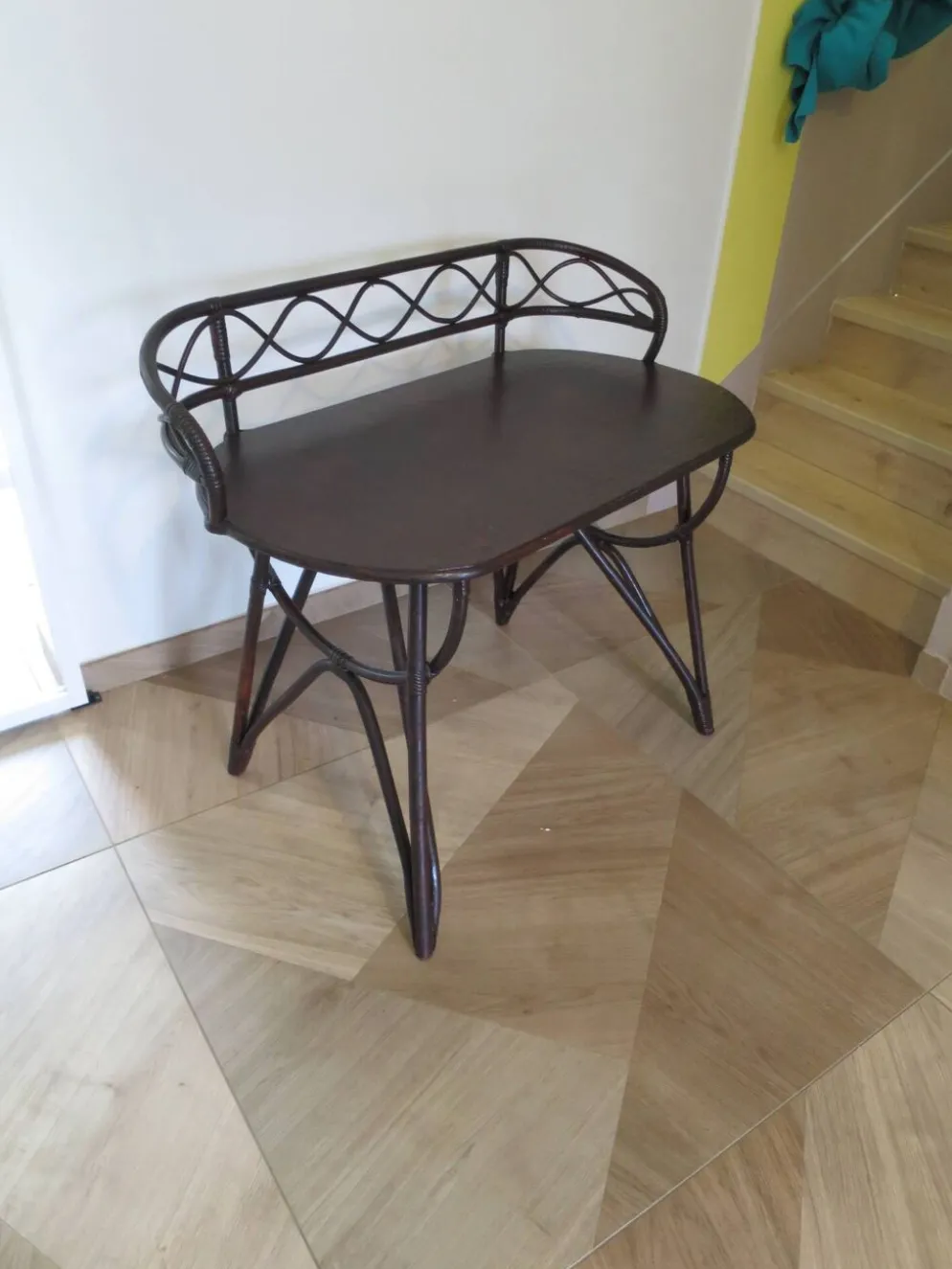 Vintage bureau d'enfant console bambou rotin bois courbé style Thonet années 80 acajou fonçé