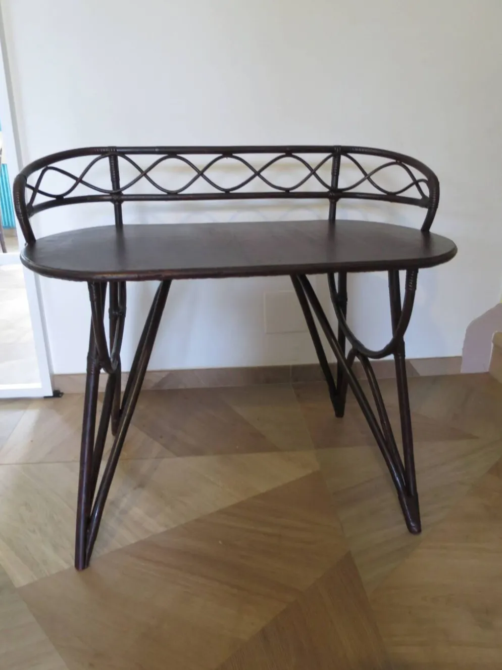 Vintage bureau d'enfant console bambou rotin bois courbé style Thonet années 80 acajou fonçé
