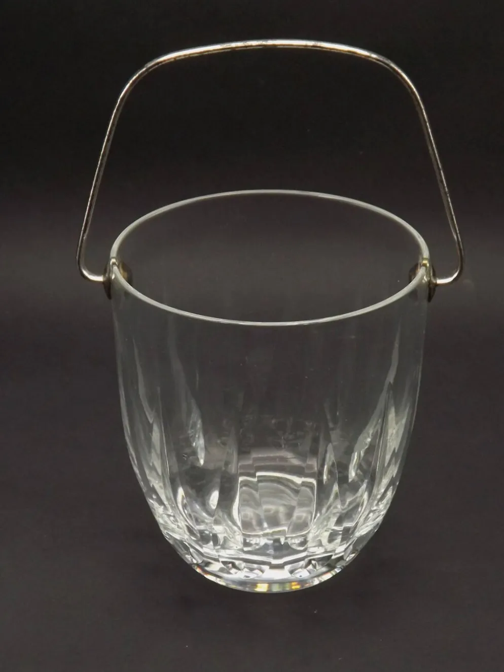 Vintage French Heavy Cut Glass Ice Bucket Silver Metal Carry Handle 4504