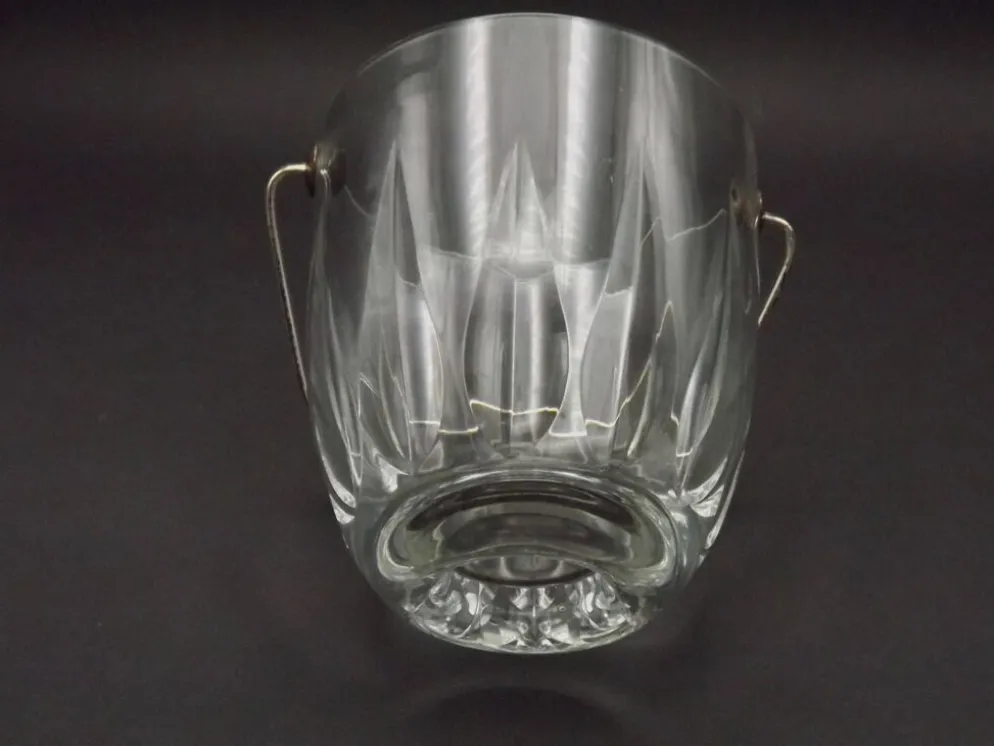 Vintage French Heavy Cut Glass Ice Bucket Silver Metal Carry Handle 4504