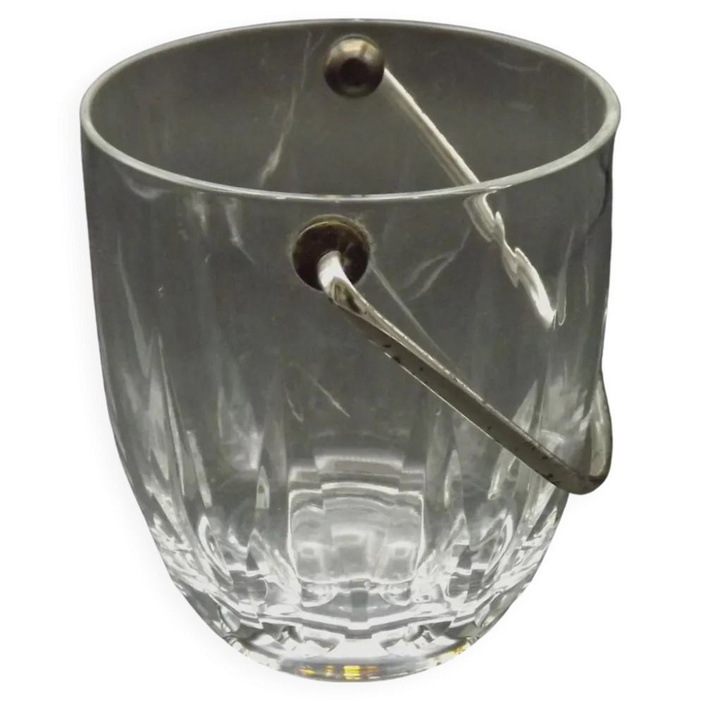 Vintage French Heavy Cut Glass Ice Bucket Silver Metal Carry Handle 4504
