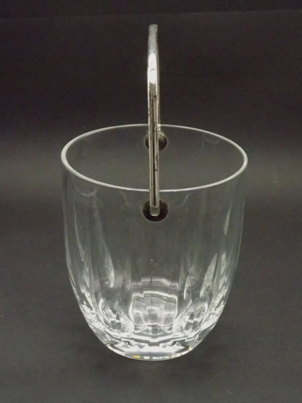 Vintage French Heavy Cut Glass Ice Bucket Silver Metal Carry Handle 4504