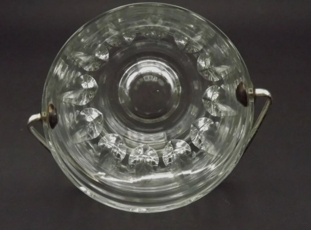 Vintage French Heavy Cut Glass Ice Bucket Silver Metal Carry Handle 4504