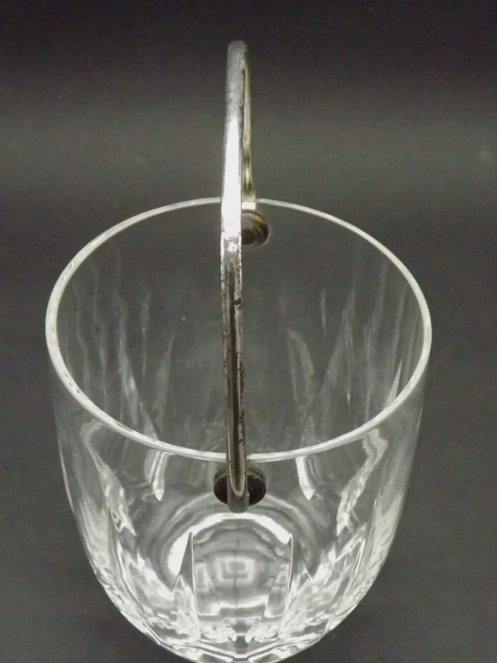 Vintage French Heavy Cut Glass Ice Bucket Silver Metal Carry Handle 4504