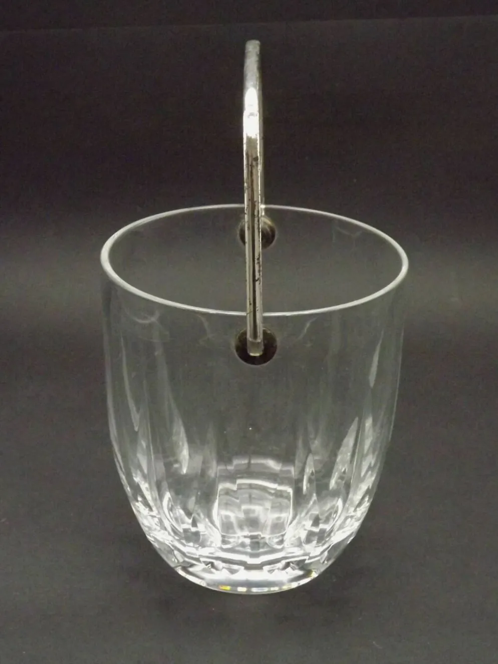 Vintage French Heavy Cut Glass Ice Bucket Silver Metal Carry Handle 4504